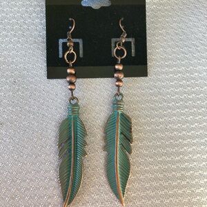 Beautiful copper & green metallic feather earrings